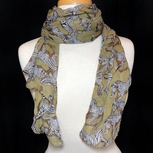 Khaki Tan Zebra Print Lightweight Long Scarf - Picture 1 of 8